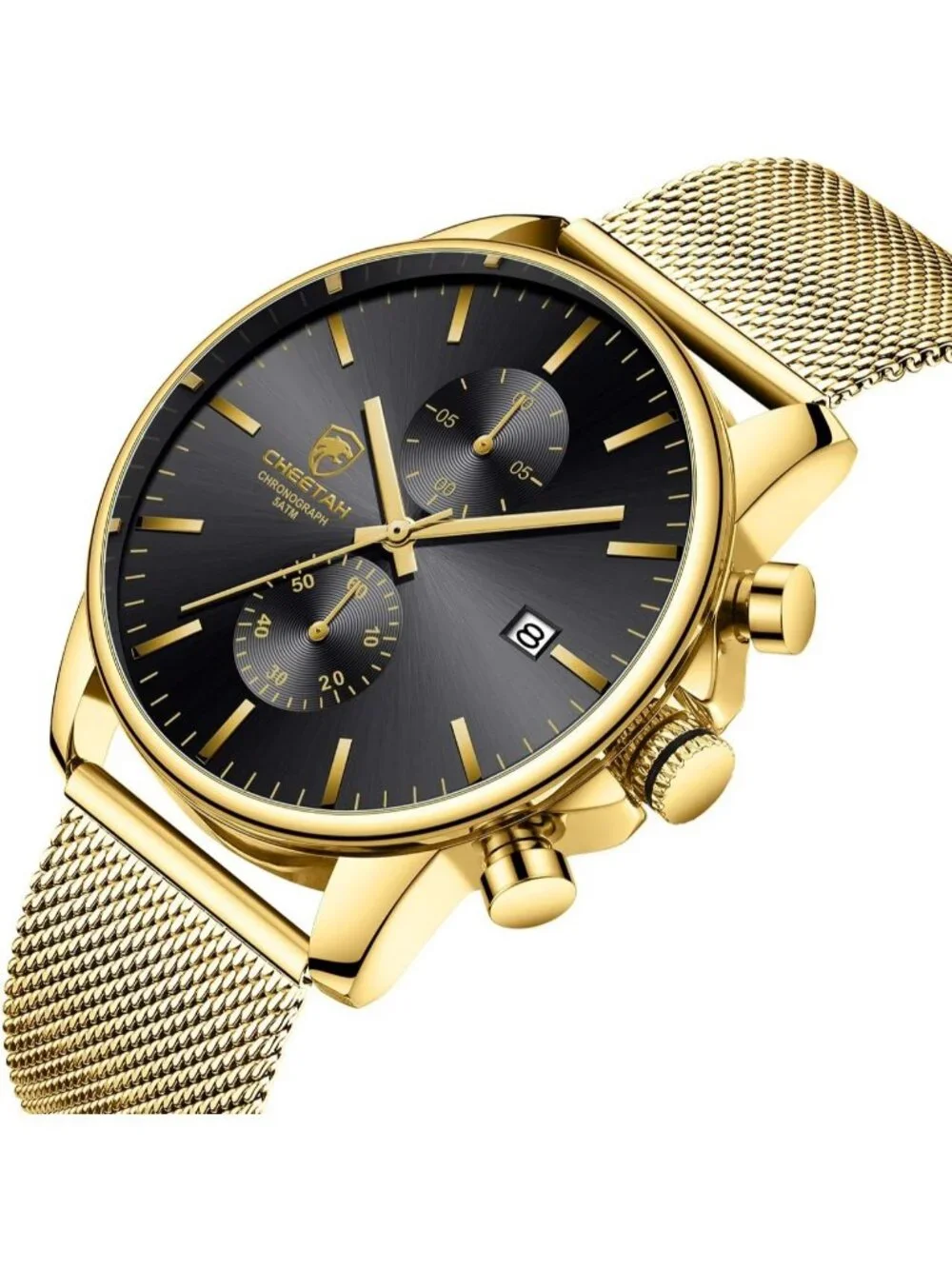Men's Gold Black Mesh Stainless Steel Minimalist Quartz Analog Chronograph Watch